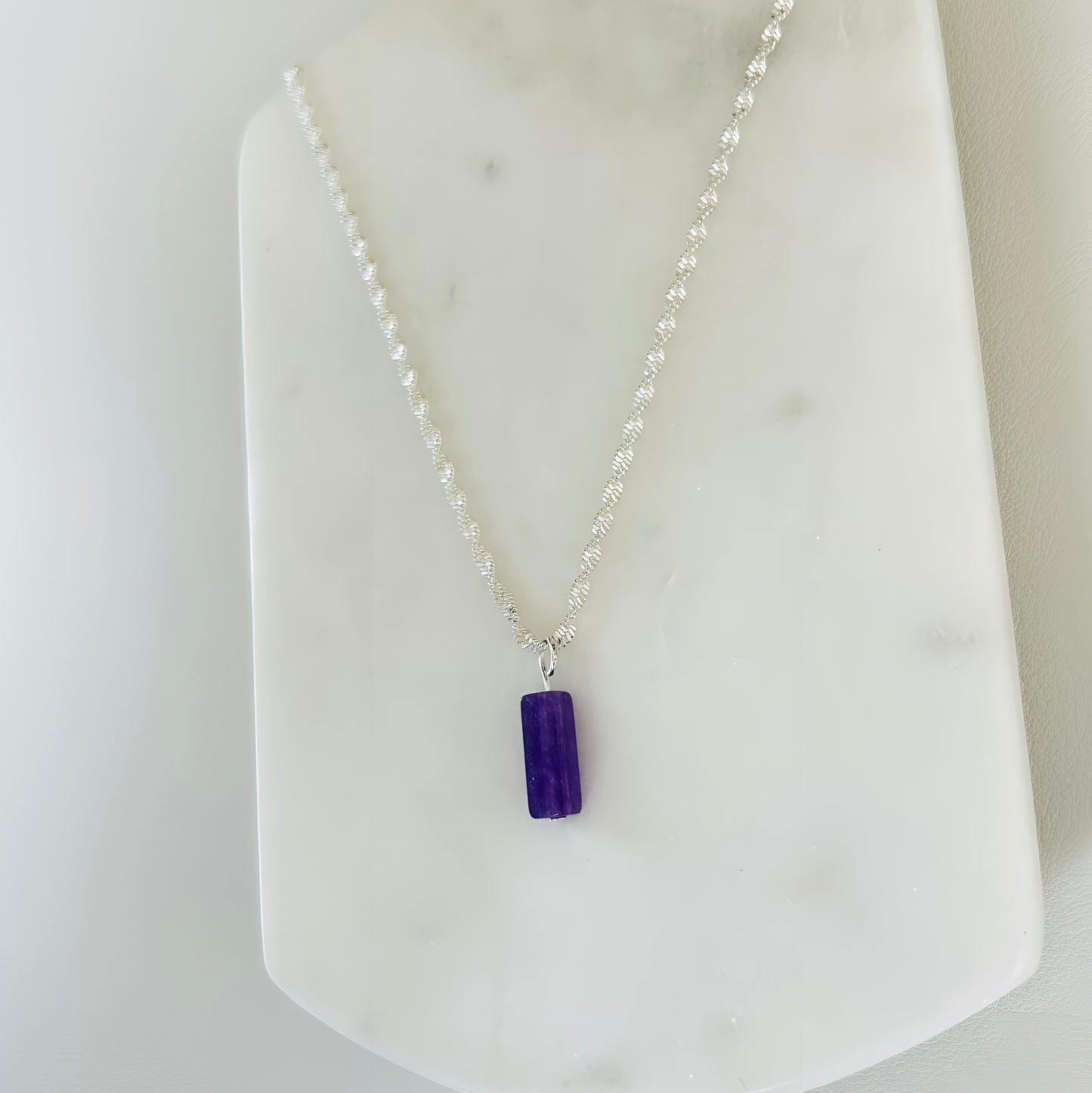 Classic Purple Amethyst Natural Stone Necklace with 16 Inch Silver Chain
