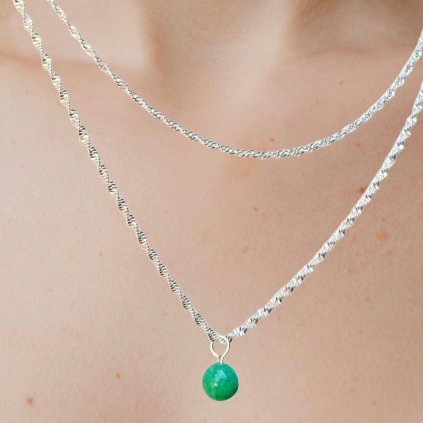 Double Layered Natural Stone Pendant Necklace With Faceted Gemstone on Silver Plated Chain