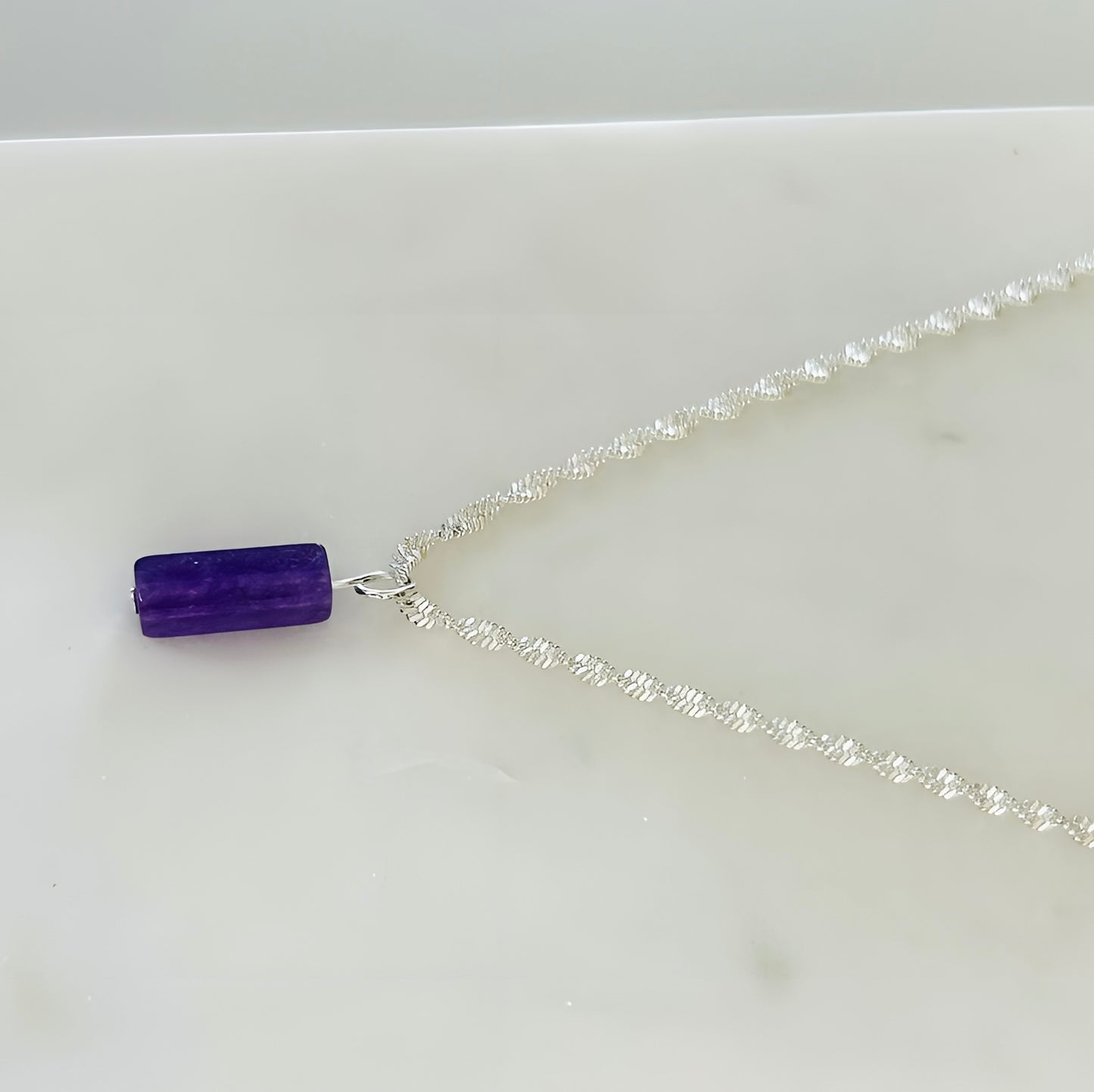 Classic Purple Amethyst Natural Stone Necklace with 16 Inch Silver Chain