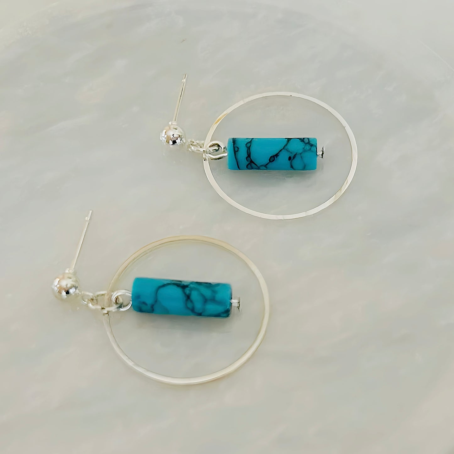 Delicate Handmade Natural Turquoise Hoop Earrings With Silver Boho Statement
