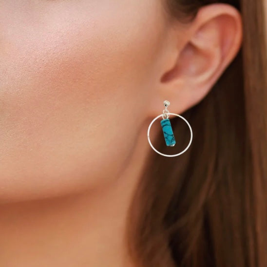 Delicate Handmade Natural Turquoise Hoop Earrings With Silver Boho Statement