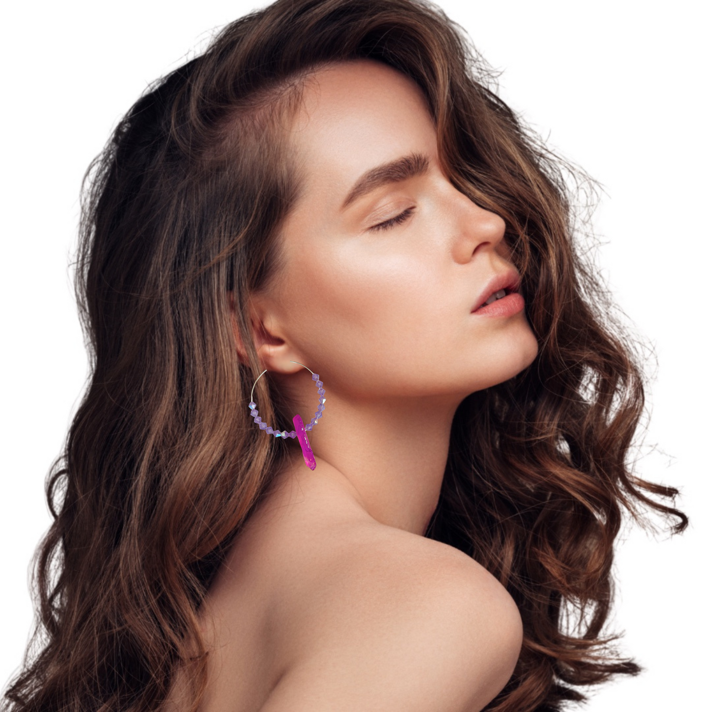 Alluring Purple Quartz Hoop Earrings With Lavender Beads and Silver Plated Hoops