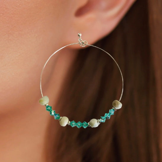 Large Natural Stone and Crystal Hoop Earrings Handmade Statement Jewelry
