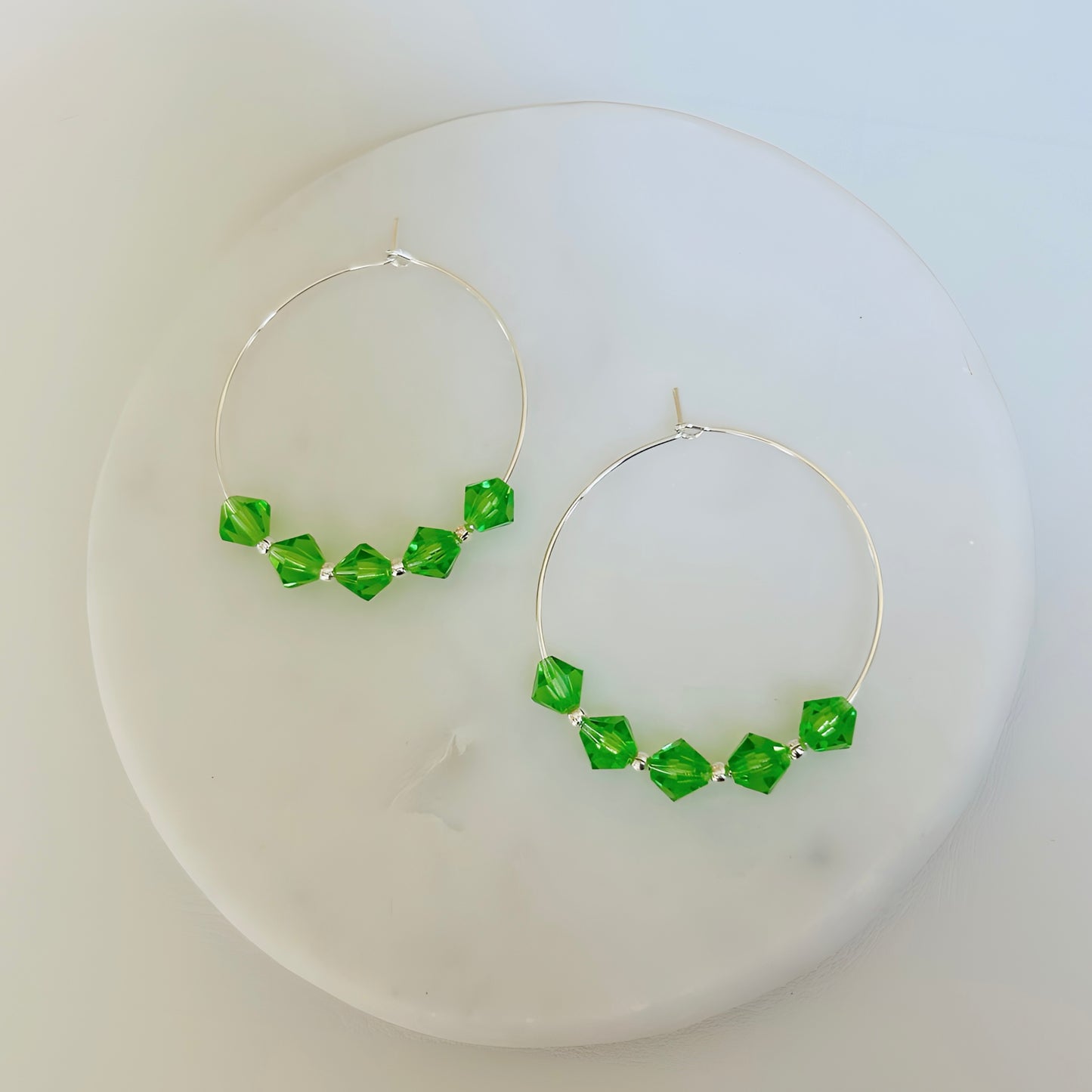 A Pair of Green Crystal Lightweight Silver Boho Hoop Earrings