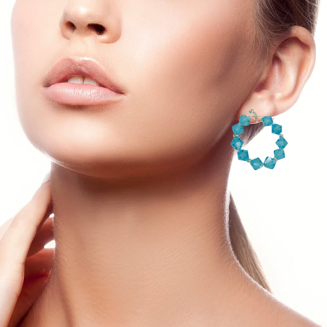 A Pair of Handmade Blue Beaded Crystal Silver Boho Statement Hoop Earrings