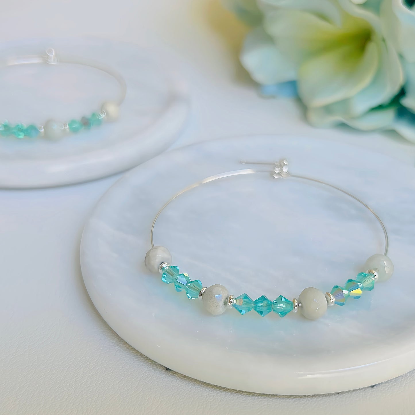 Large Natural Stone and Crystal Hoop Earrings Handmade Statement Jewelry
