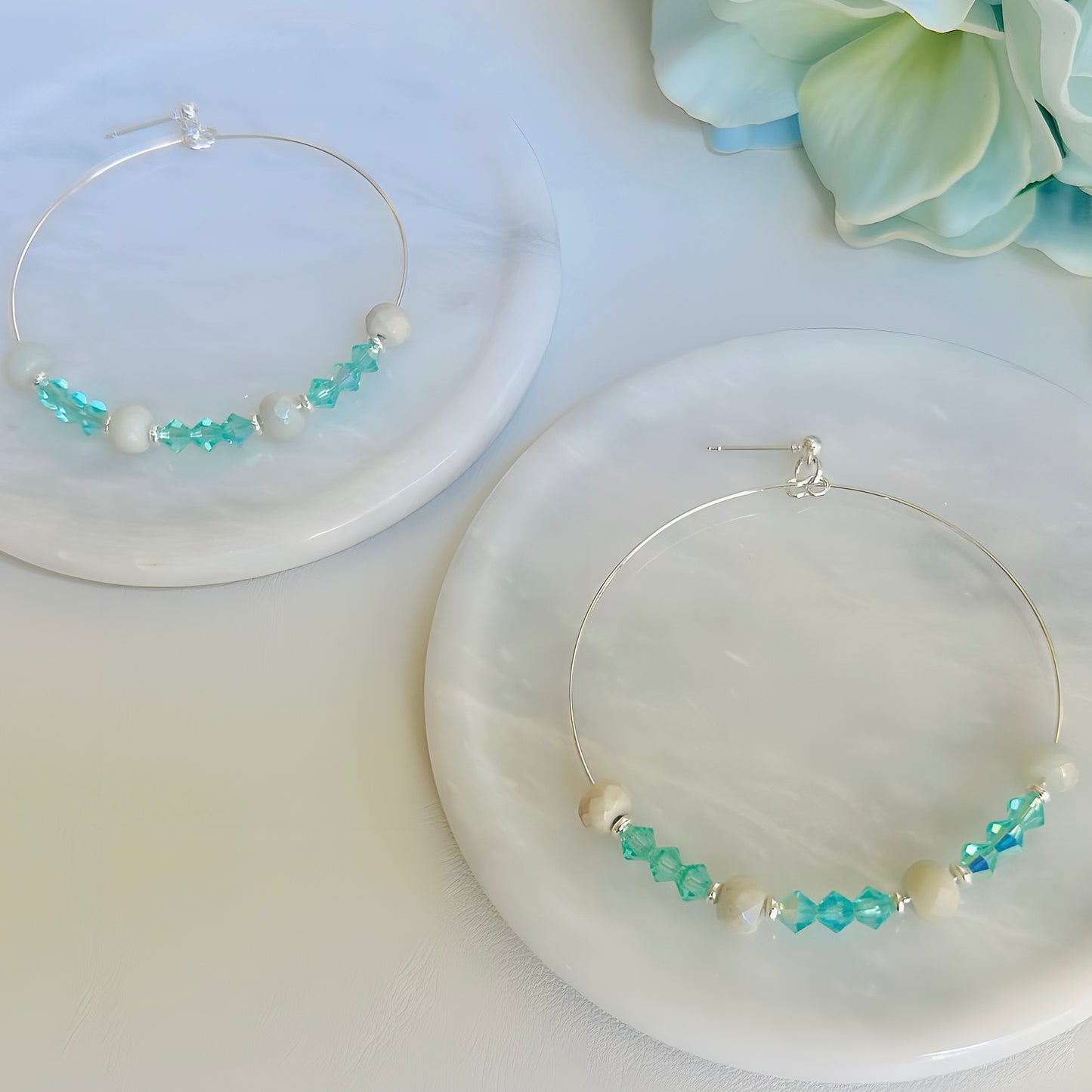 Large Natural Stone and Crystal Hoop Earrings Handmade Statement Jewelry