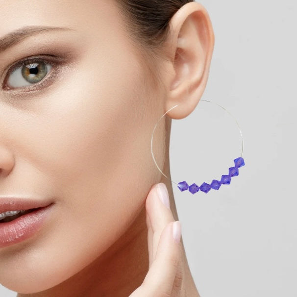 A Pair of Purple Crystal Hoop Silver Plated Boho Statement Earrings
