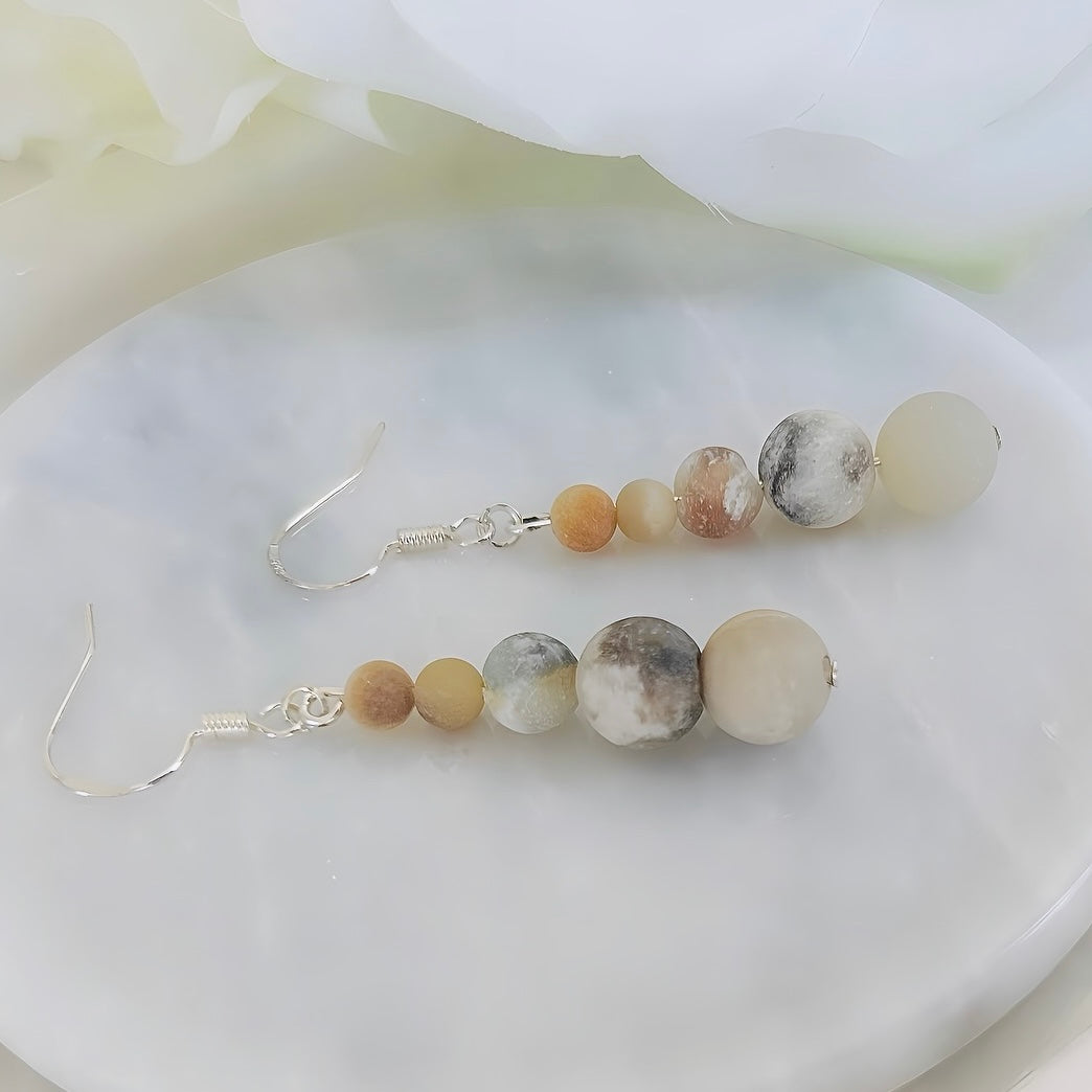 A Pair of Handmade Amazonite Natural Stone Dangle Drop Boho Silver Earrings