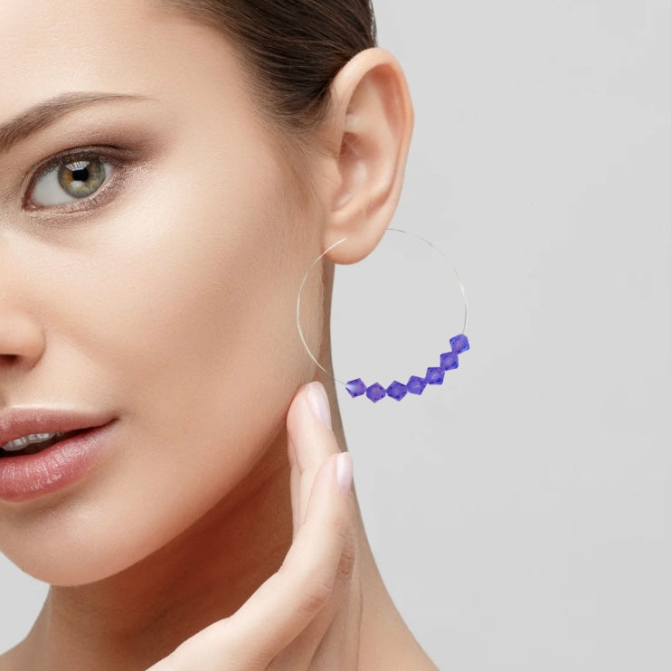 A Pair of Purple Crystal Hoop Silver Plated Boho Statement Earrings