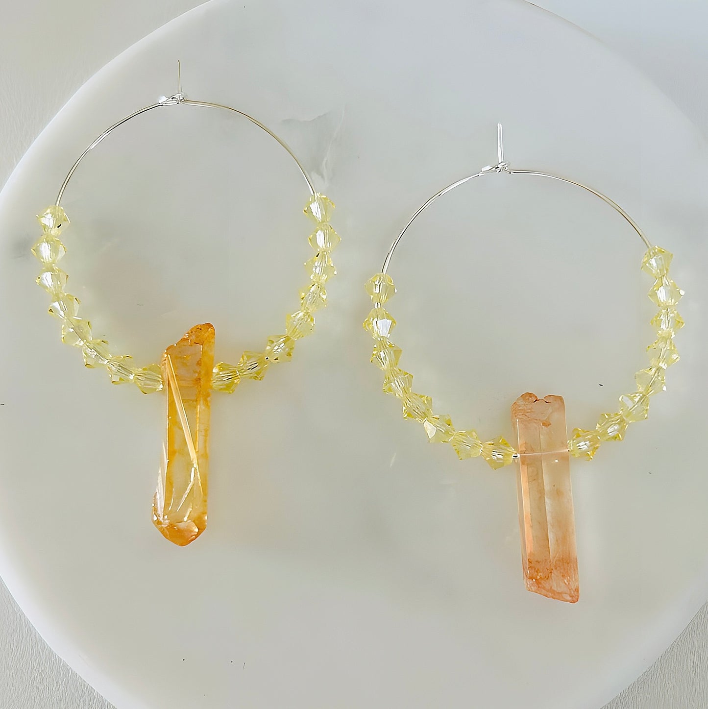 Boho Hoop Earrings With Titanium Coated Quartz Crystal Beads