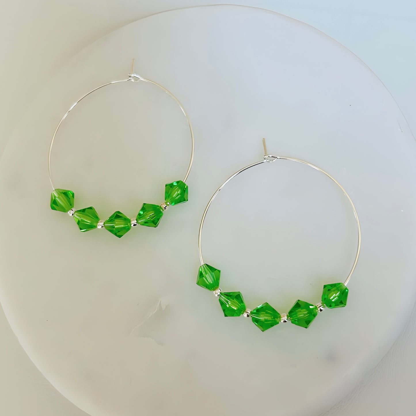 A Pair of Green Crystal Lightweight Silver Boho Hoop Earrings