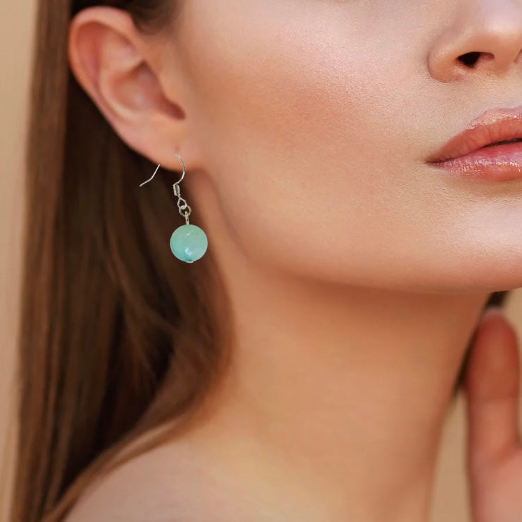Adorned Natural Stone Dangle Ball Earrings With Silver Finish
