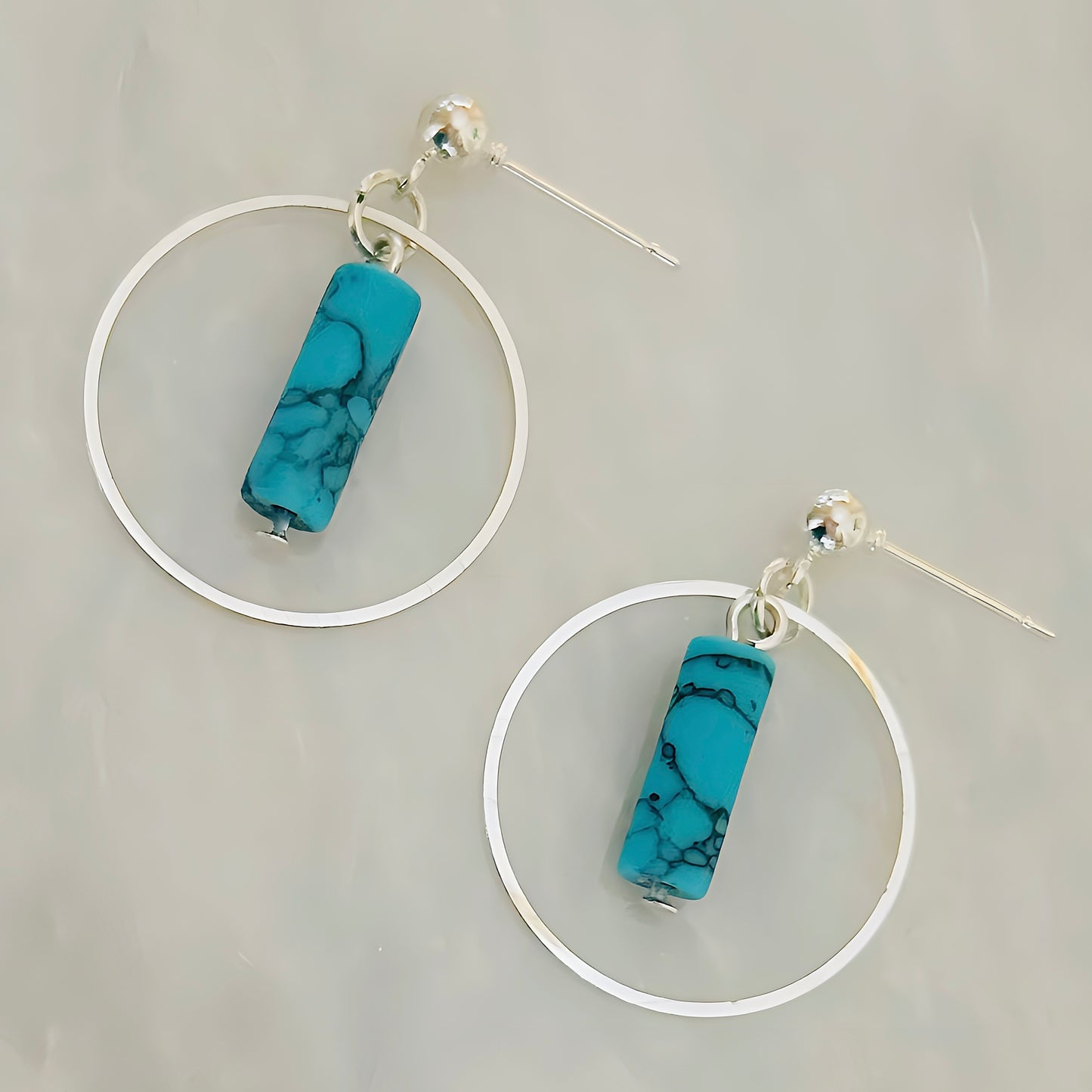 Delicate Handmade Natural Turquoise Hoop Earrings With Silver Boho Statement