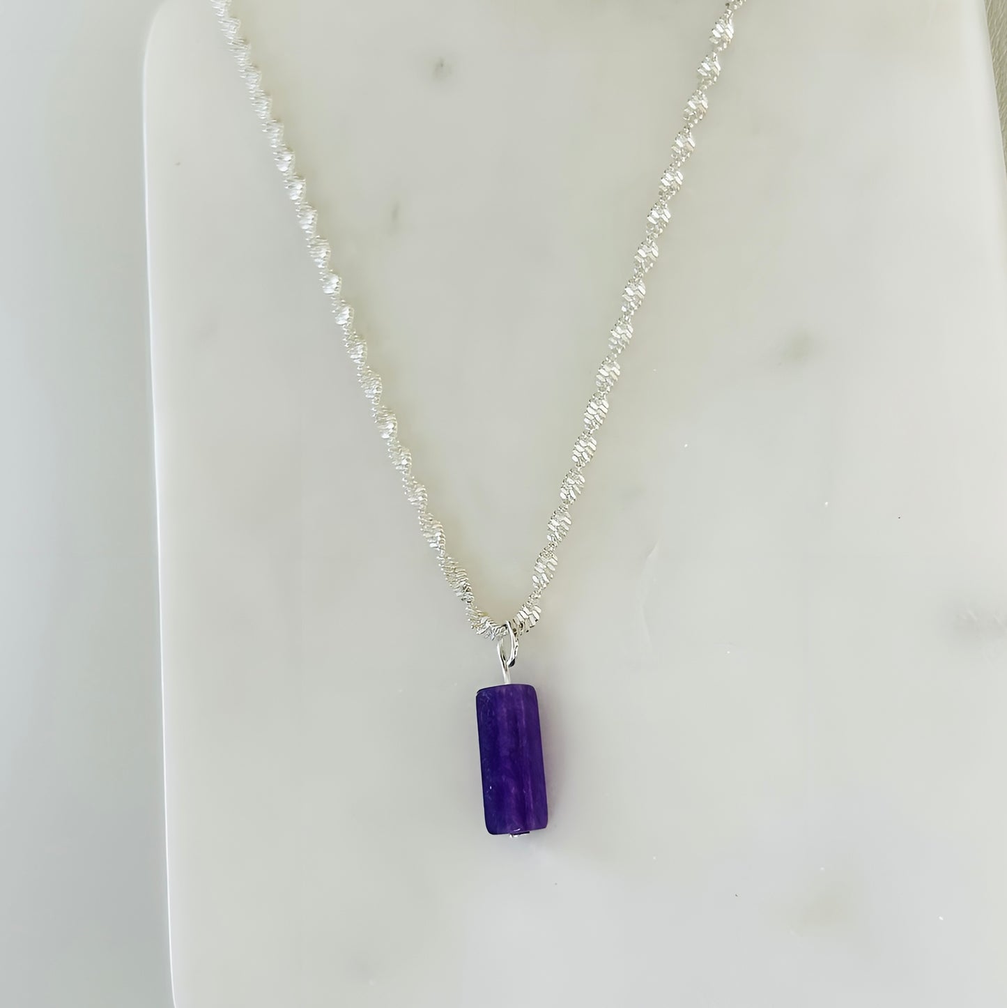 Classic Purple Amethyst Natural Stone Necklace with 16 Inch Silver Chain