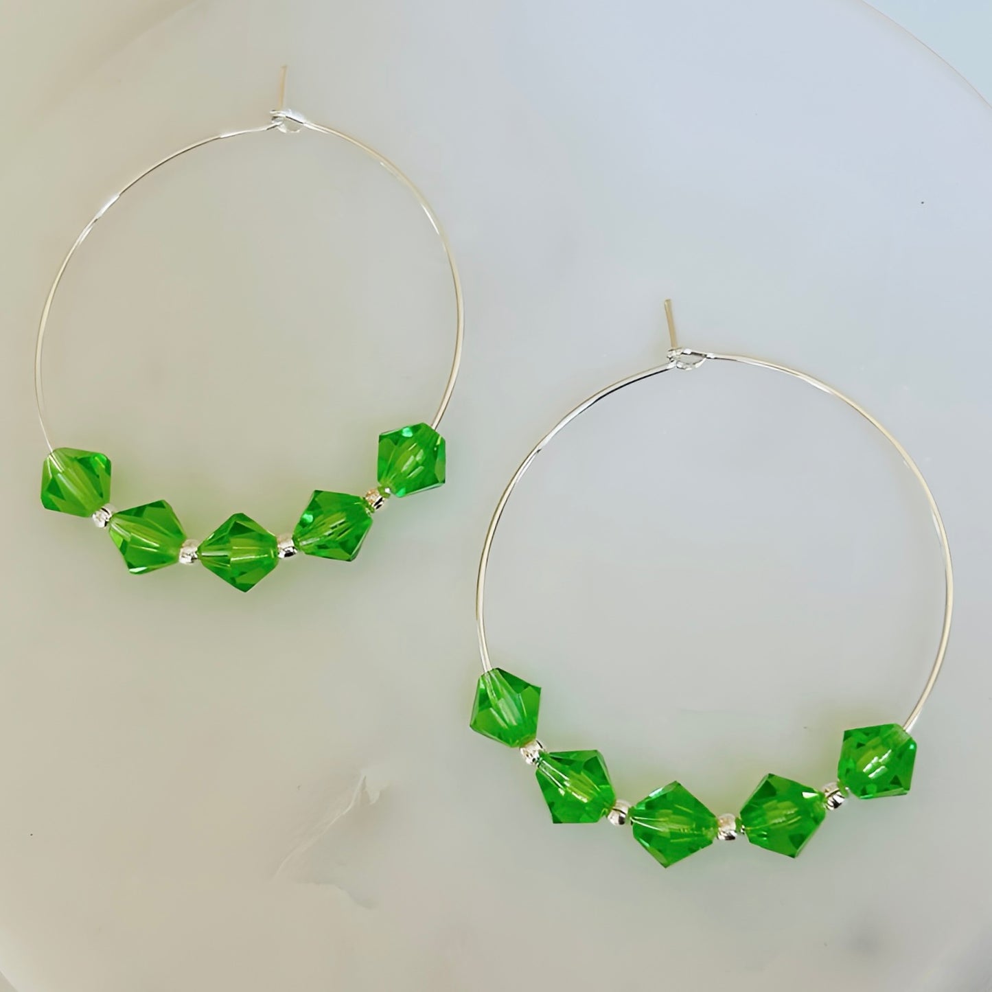 A Pair of Green Crystal Lightweight Silver Boho Hoop Earrings