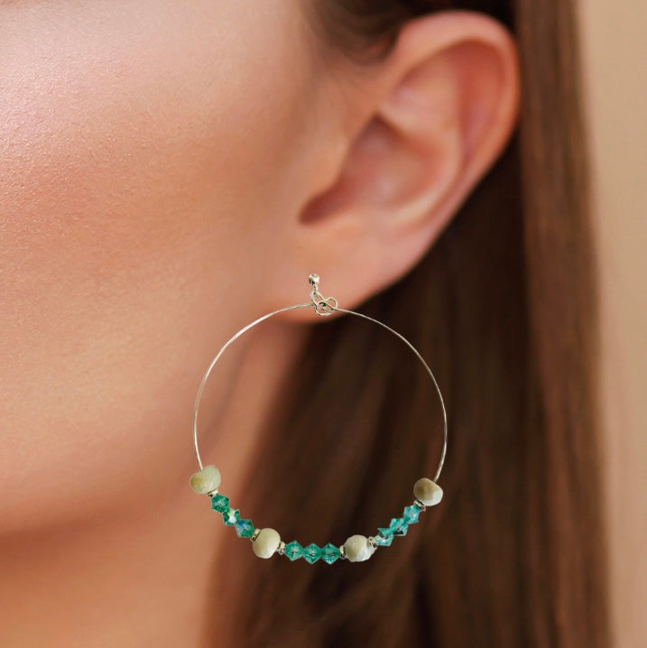 Large Natural Stone and Crystal Hoop Earrings Handmade Statement Jewelry