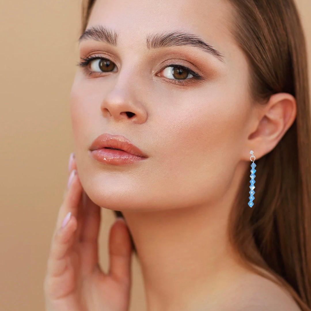 Dainty Blue Dangle Drop Earrings With Silver Statement Design