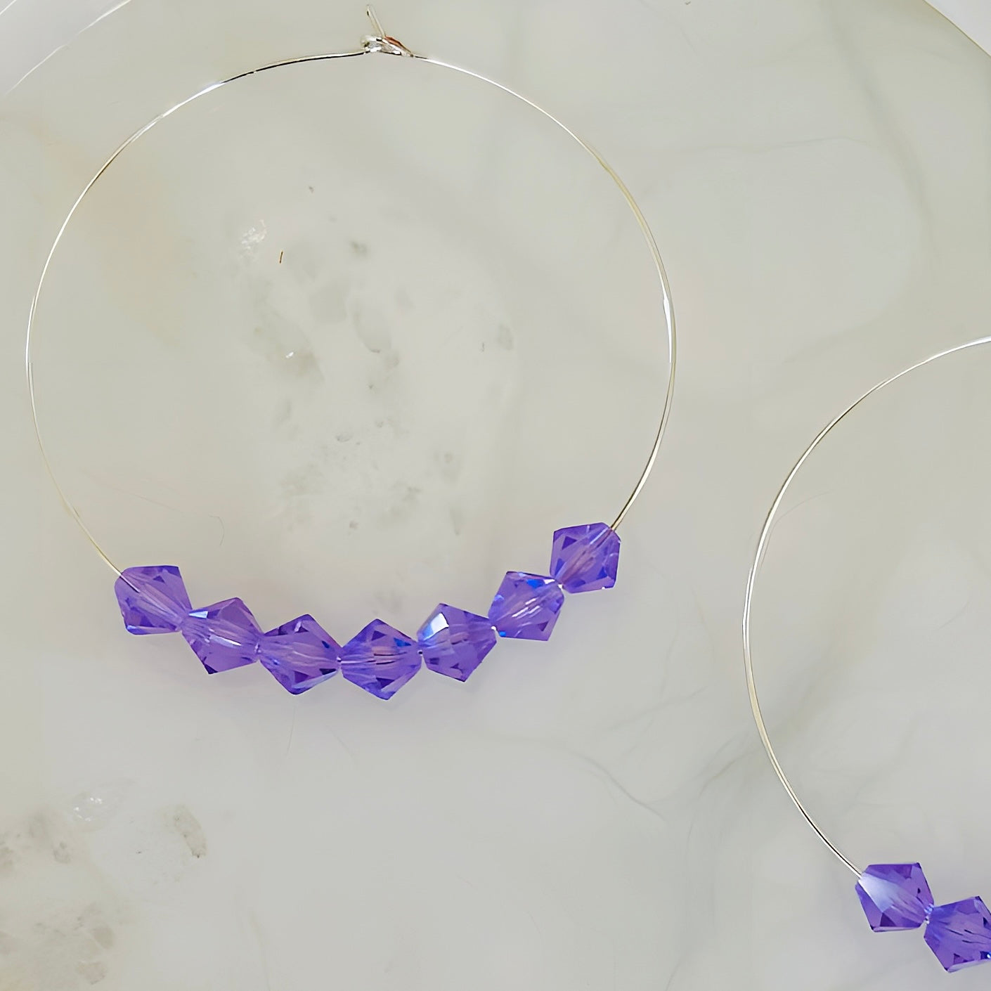 A Pair of Purple Crystal Hoop Silver Plated Boho Statement Earrings