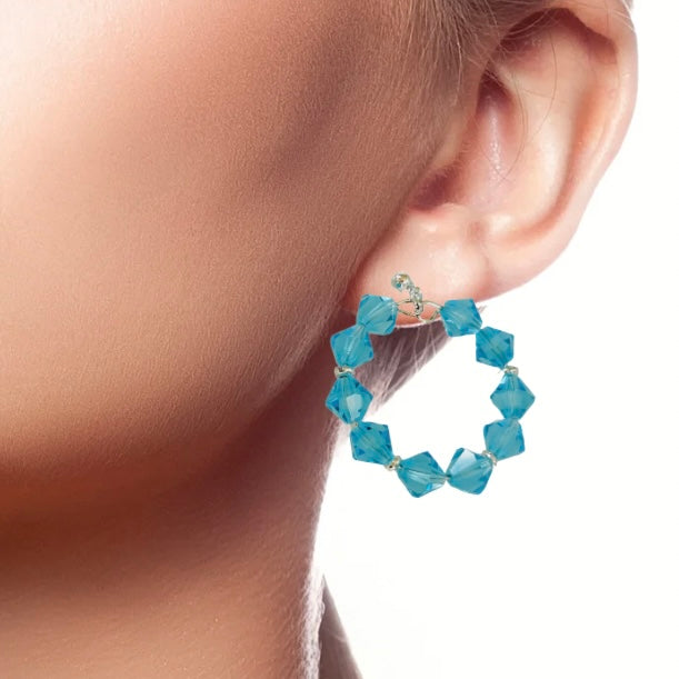A Pair of Handmade Blue Beaded Crystal Silver Boho Statement Hoop Earrings