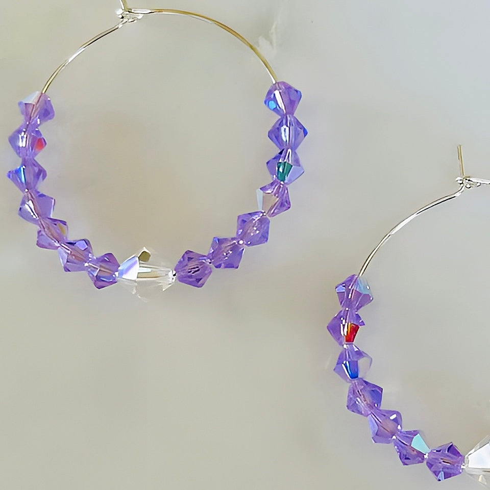 Brilliant Lavender Crystal Hoop Earrings Handmade Lightweight Jewelry