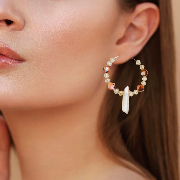 Handmade Titanium Coated Quartz Hoop Earrings With Silver Finish
