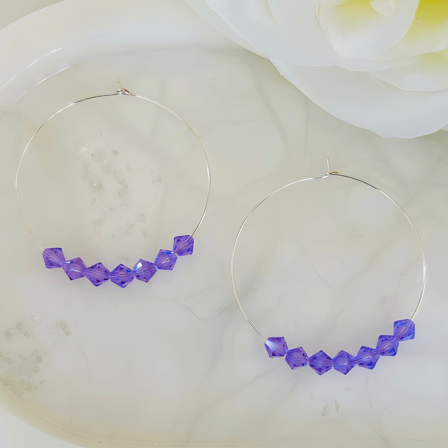 A Pair of Purple Crystal Hoop Silver Plated Boho Statement Earrings