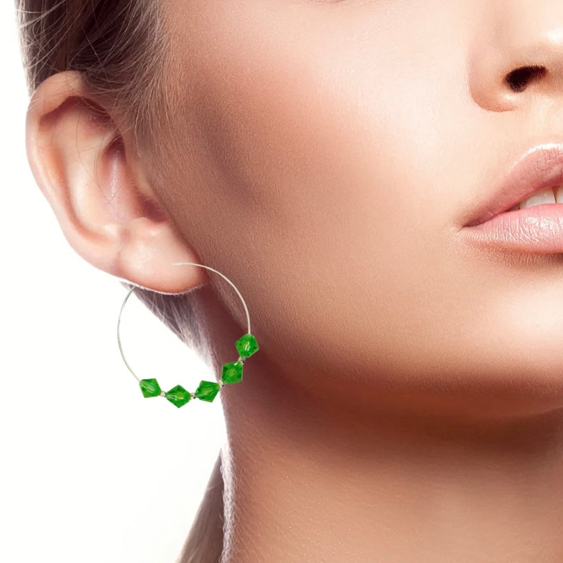 A Pair of Green Crystal Lightweight Silver Boho Hoop Earrings