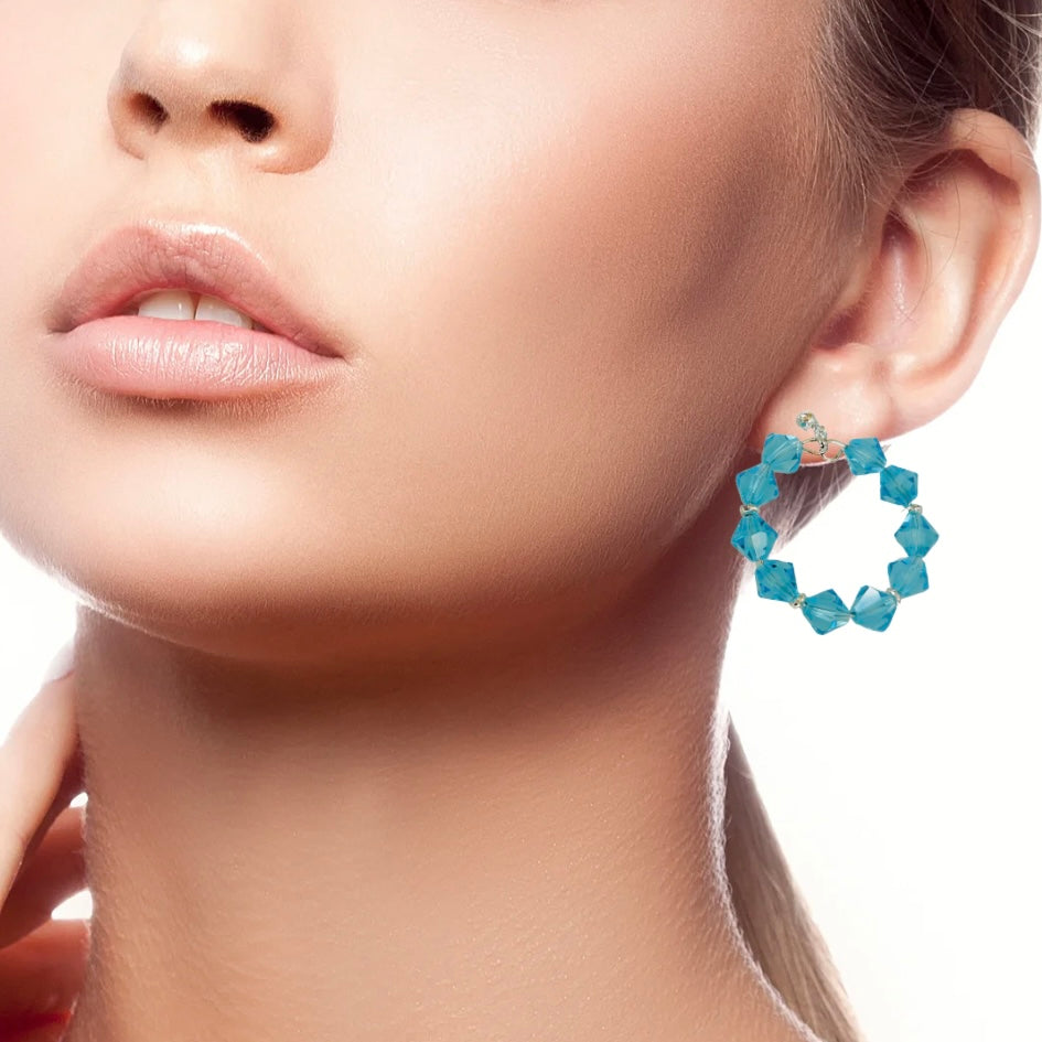 A Pair of Handmade Blue Beaded Crystal Silver Boho Statement Hoop Earrings
