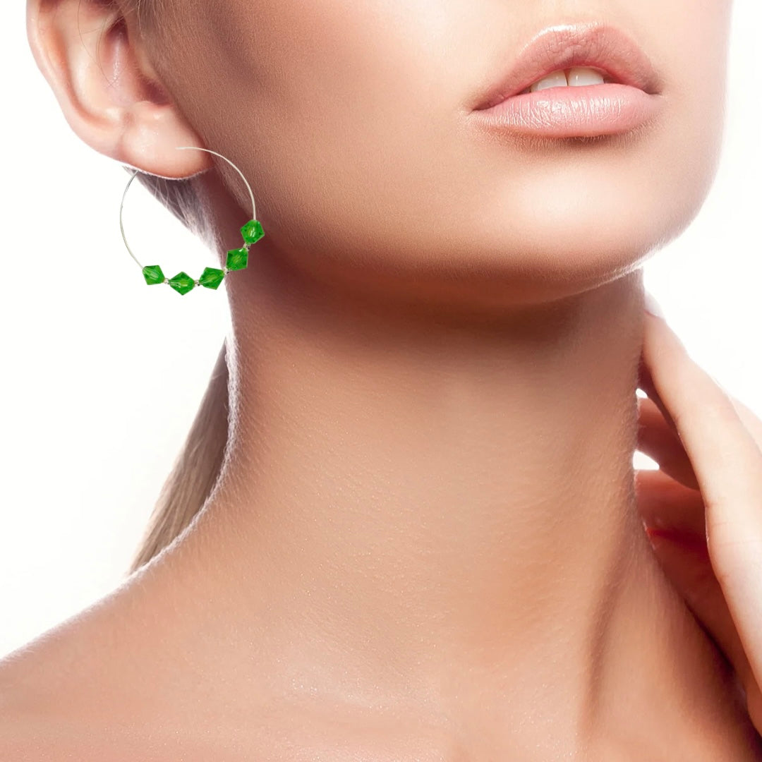 A Pair of Green Crystal Lightweight Silver Boho Hoop Earrings