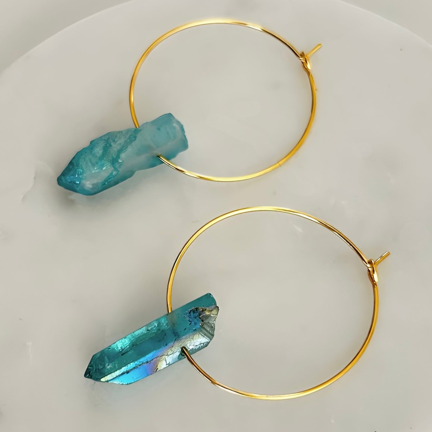 Blue Titanium Coated Quartz Hoop Earrings With Natural Crystal and Gold Plated Finish