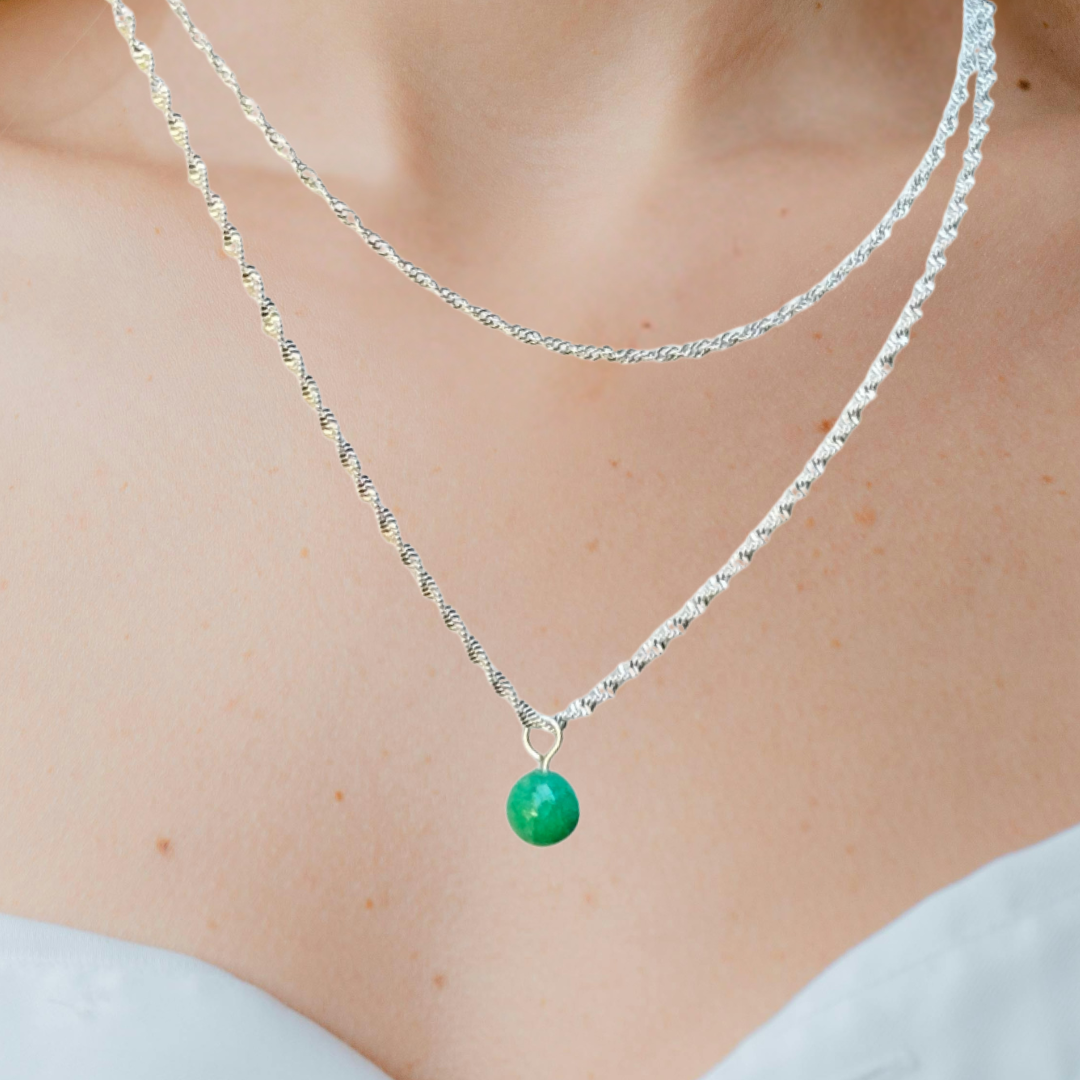 Double Layered Natural Stone Pendant Necklace With Faceted Gemstone on Silver Plated Chain