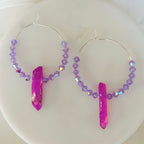 Beaded Dangle Purple Quartz Hoop Earrings With Lavender Beads and Silver Plated Hoops