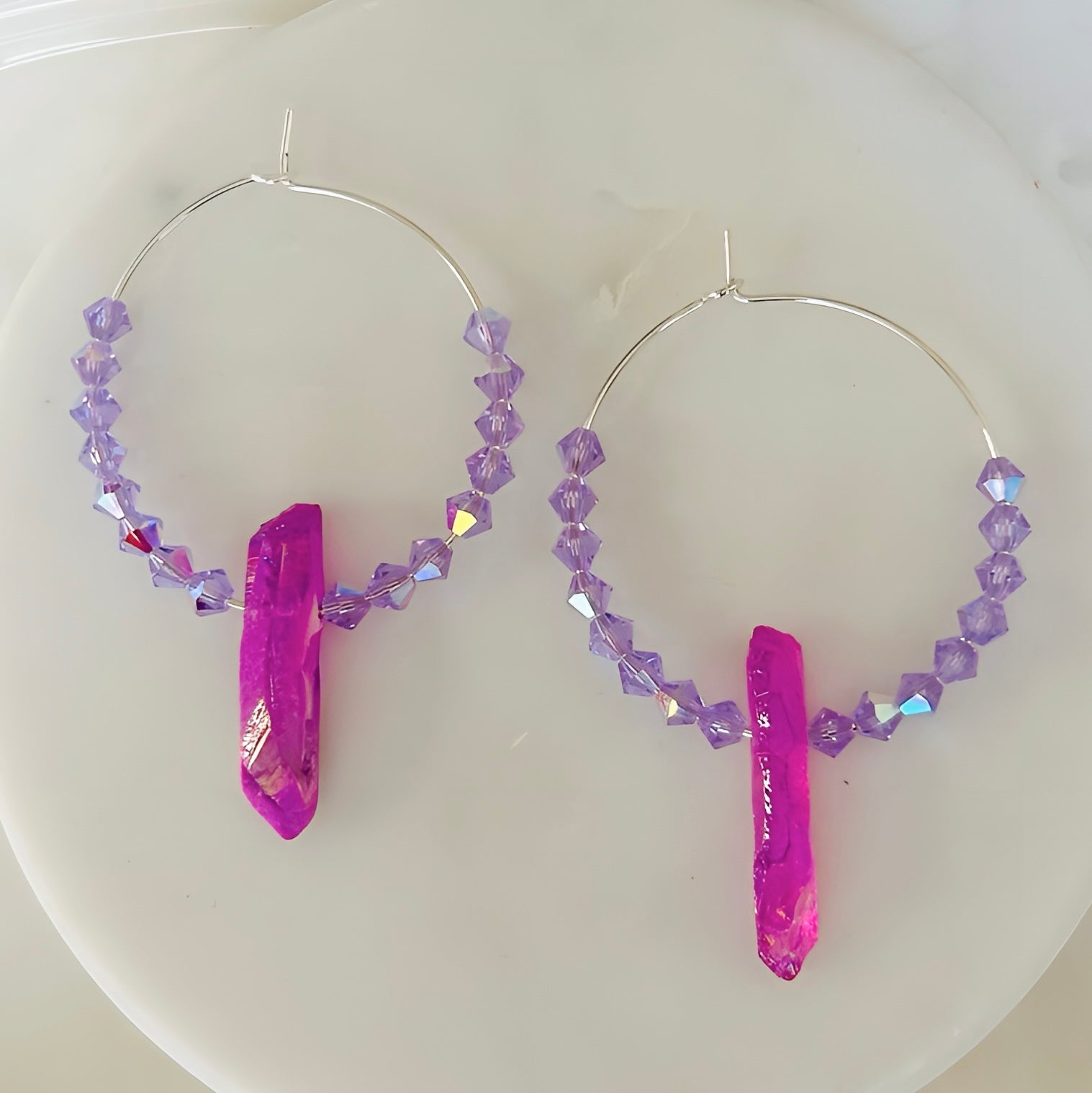 Beaded Dangle Purple Quartz Hoop Earrings With Lavender Beads and Silver Plated Hoops