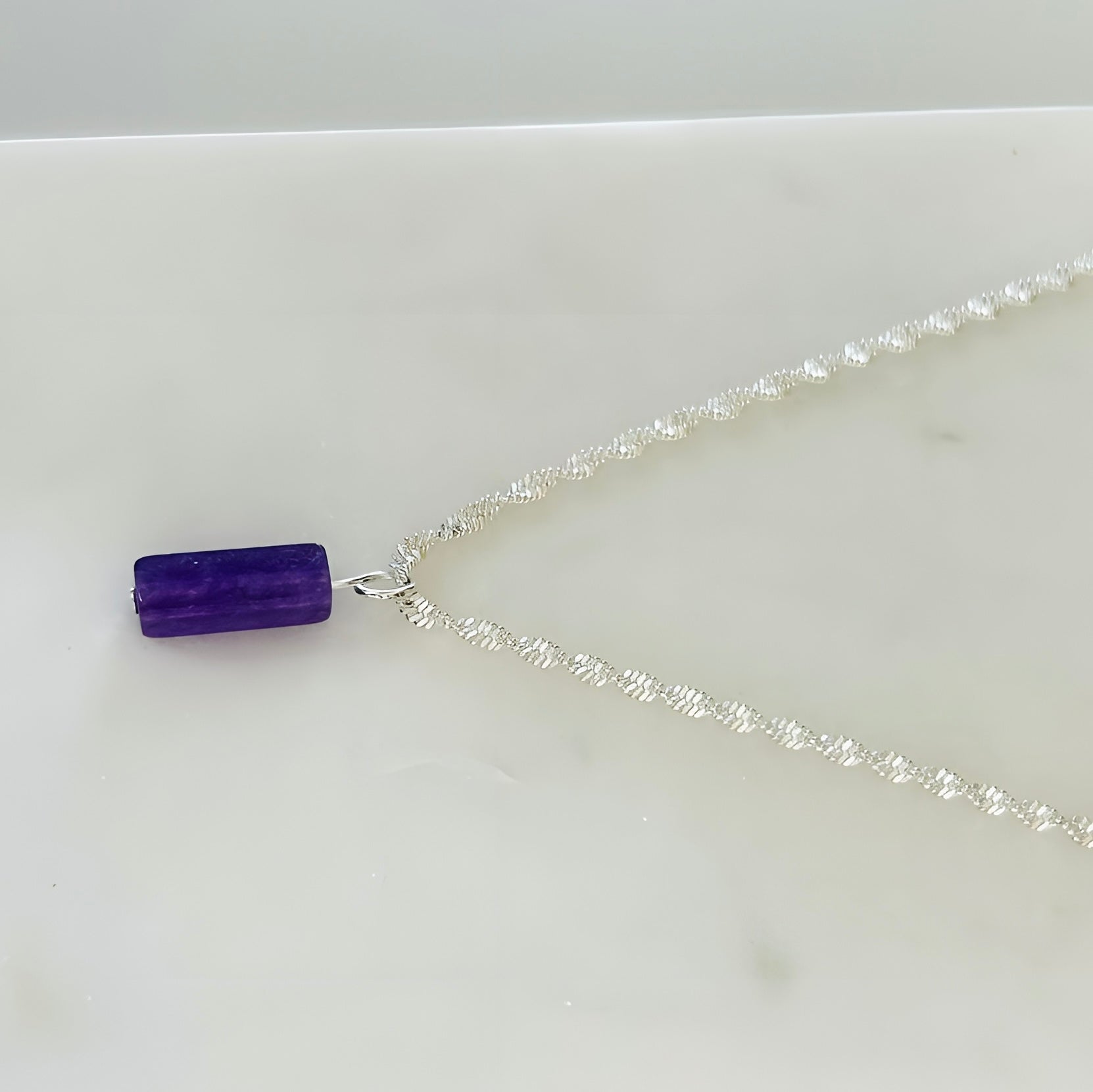 Purple Amethyst Natural Stone Necklace with 16 Inch Silver Chain