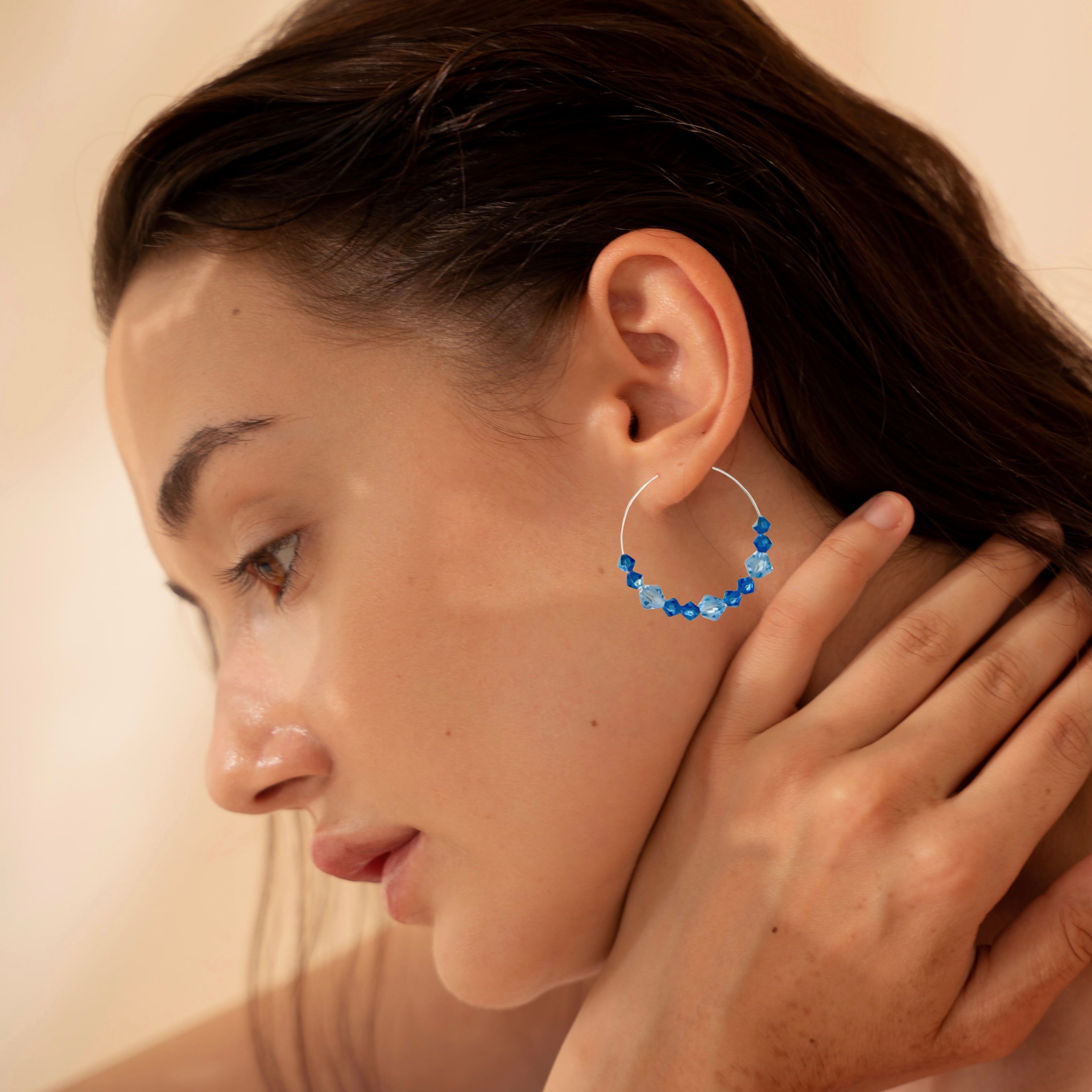 Blue Crystal Hoop Earrings Silver Plated Handmade Statement Jewelry