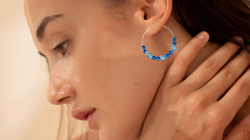 Blue Crystal Hoop Earrings Silver Plated Handmade Statement Jewelry