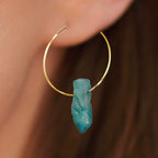 Blue Titanium Coated Quartz Hoop Earrings With Natural Crystal and Gold Plated Finish