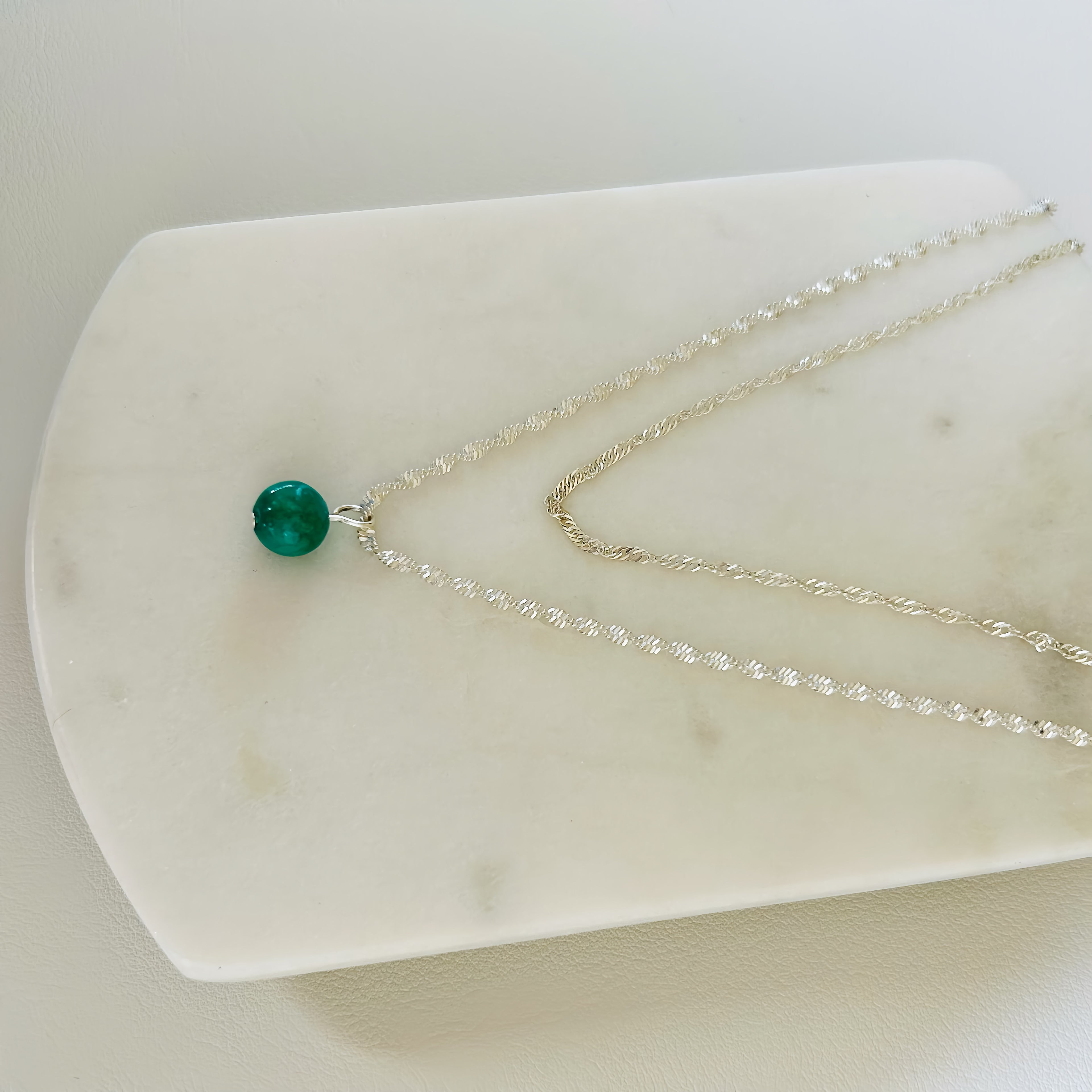Double Layered Natural Stone Pendant Necklace With Faceted Gemstone on Silver Plated Chain
