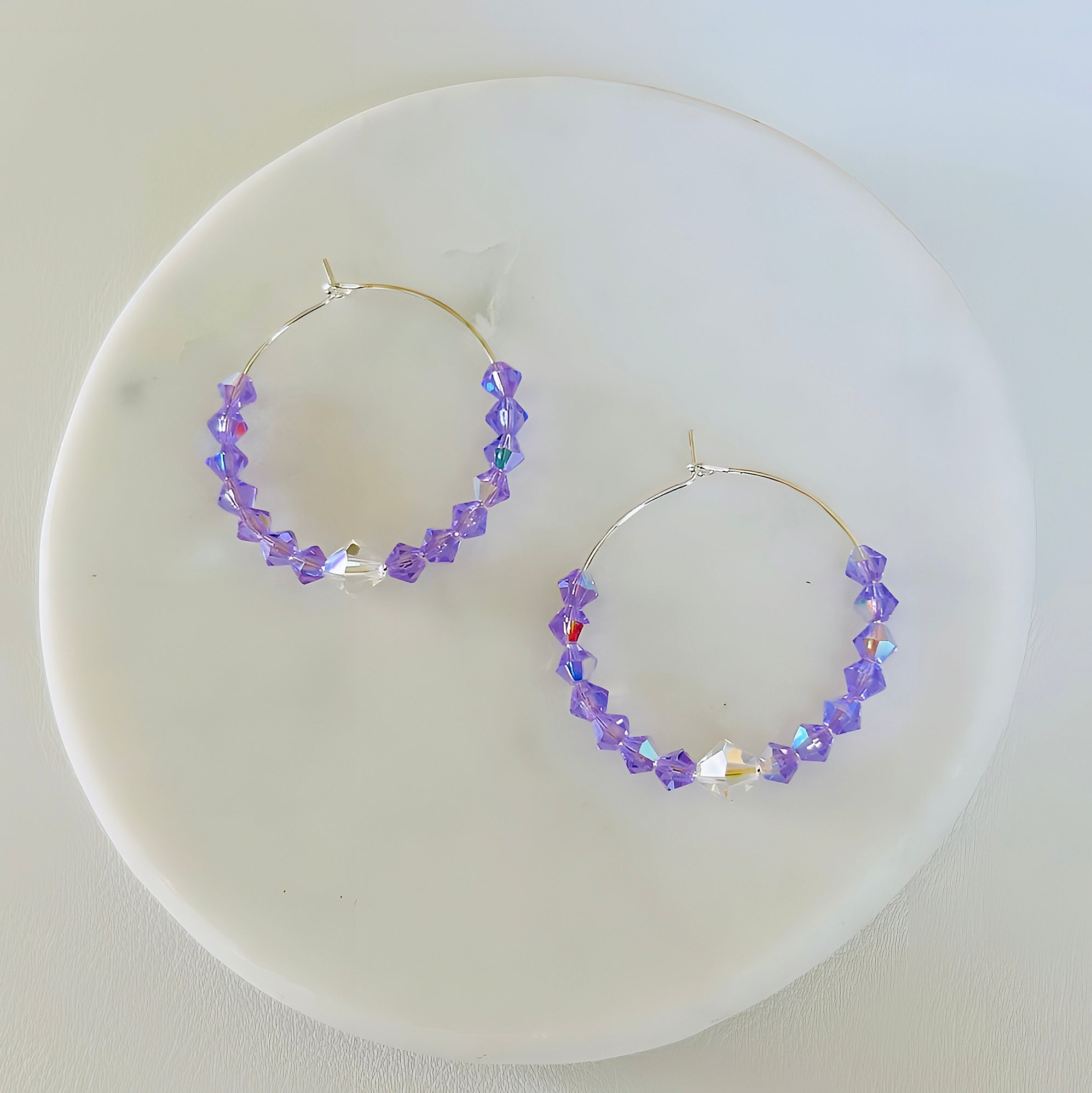 Brilliant Lavender Crystal Hoop Earrings Handmade Lightweight Jewelry