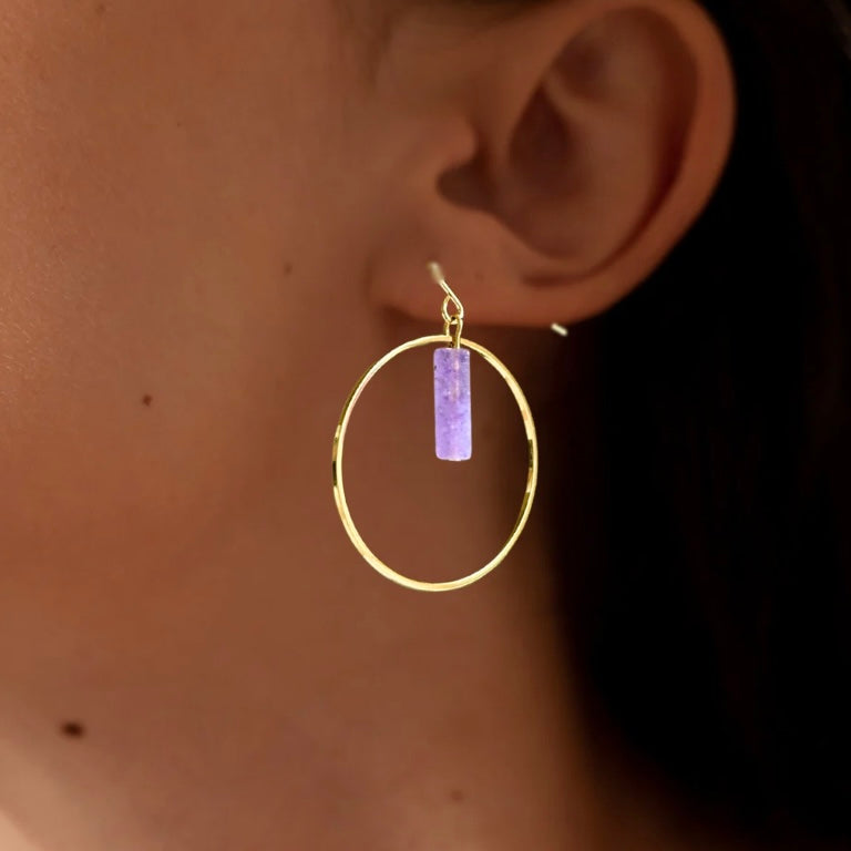 14K Gold Filled Natural Amethyst Hoop Dangle Earrings