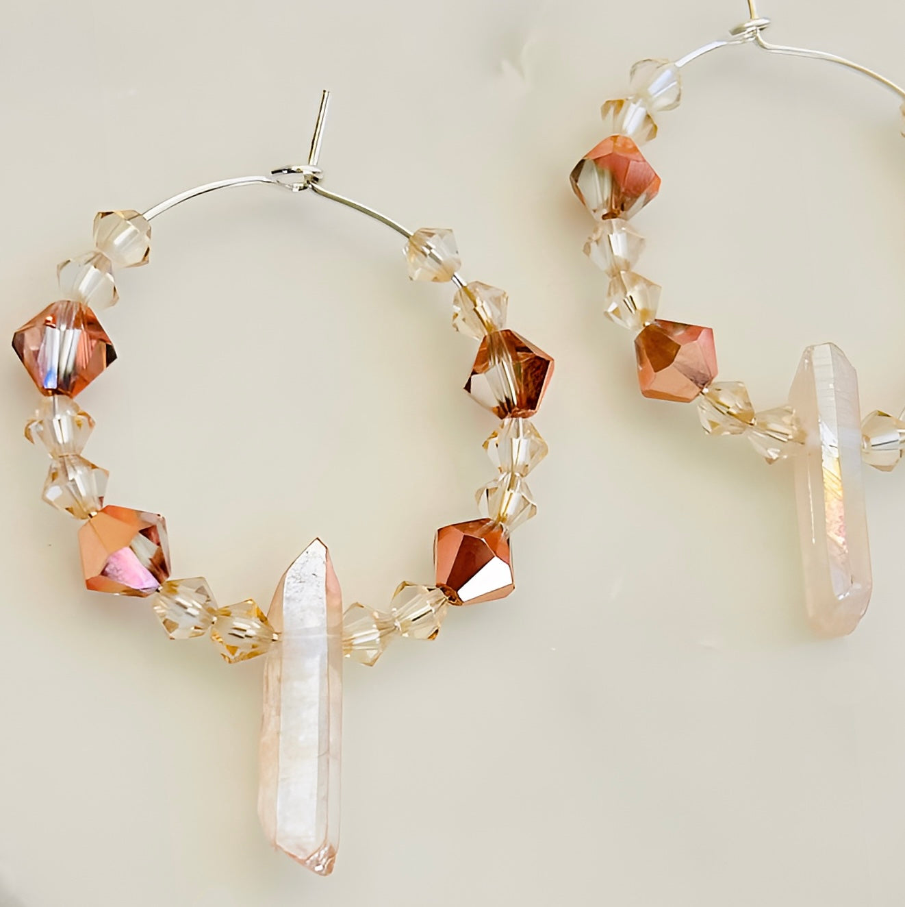 Handmade Titanium Coated Quartz Hoop Earrings With Silver Finish