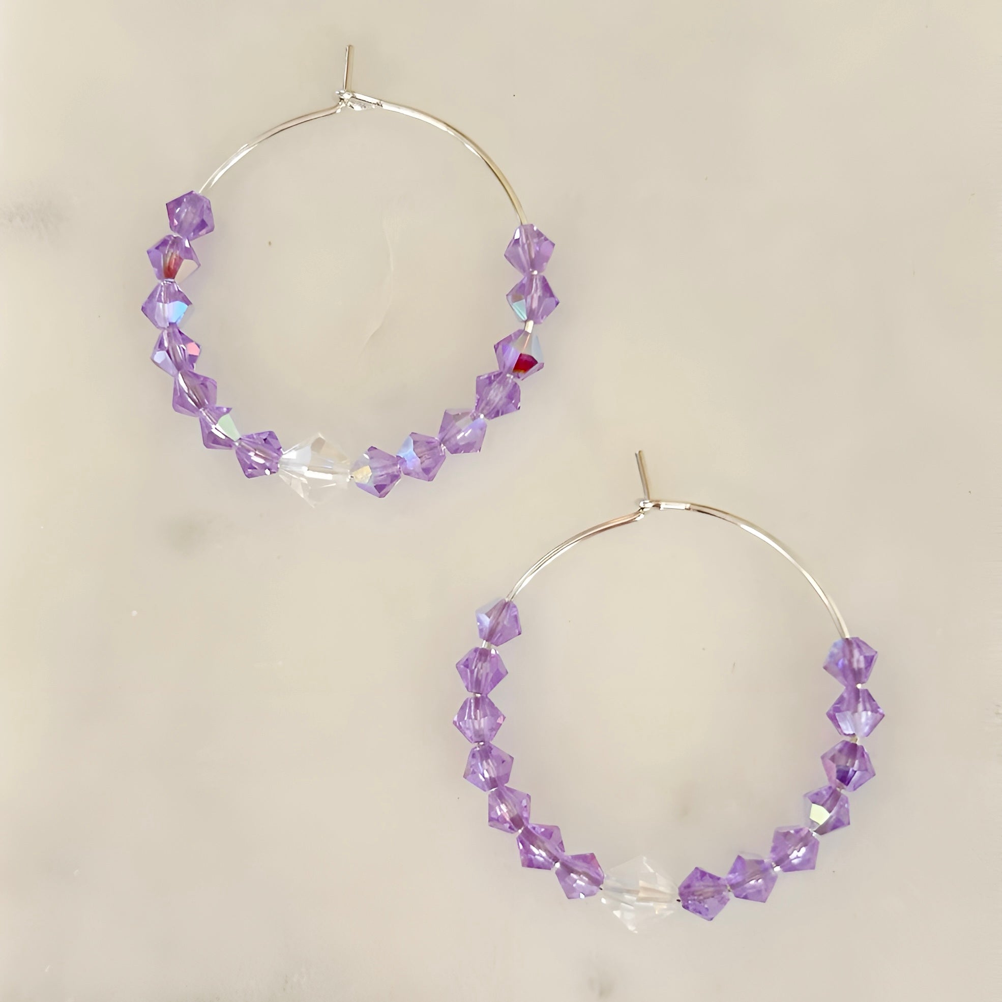 Lavender Crystal Hoop Earrings Handmade Lightweight Jewelry