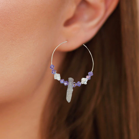 A Pair of Titanium Coated Quartz Crystal Beaded Boho Hoop Gemstone Earrings