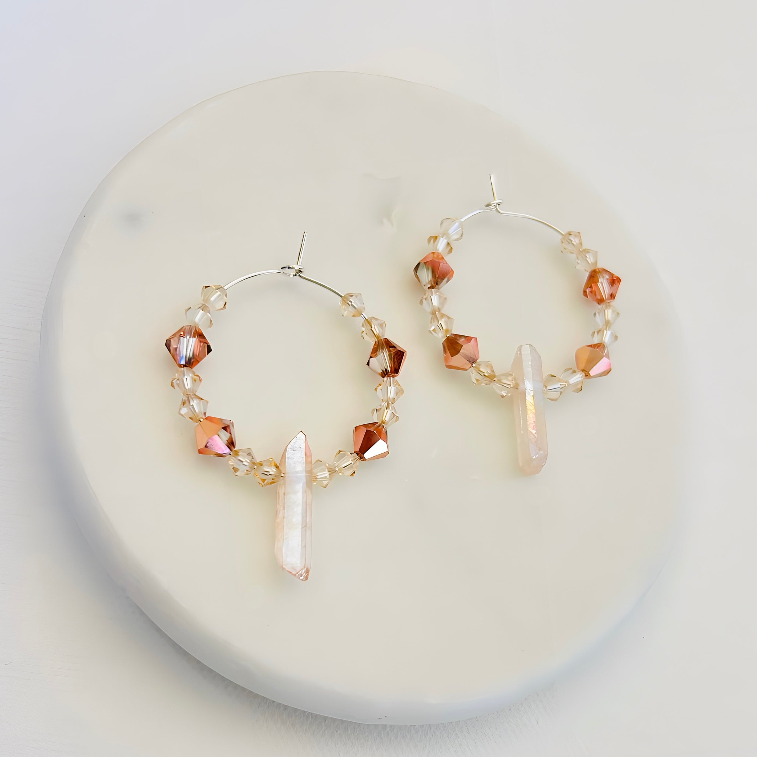 Handmade Titanium Coated Quartz Hoop Earrings With Silver Finish