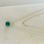 Double Layered Natural Stone Pendant Necklace With Faceted Gemstone on Silver Plated Chain