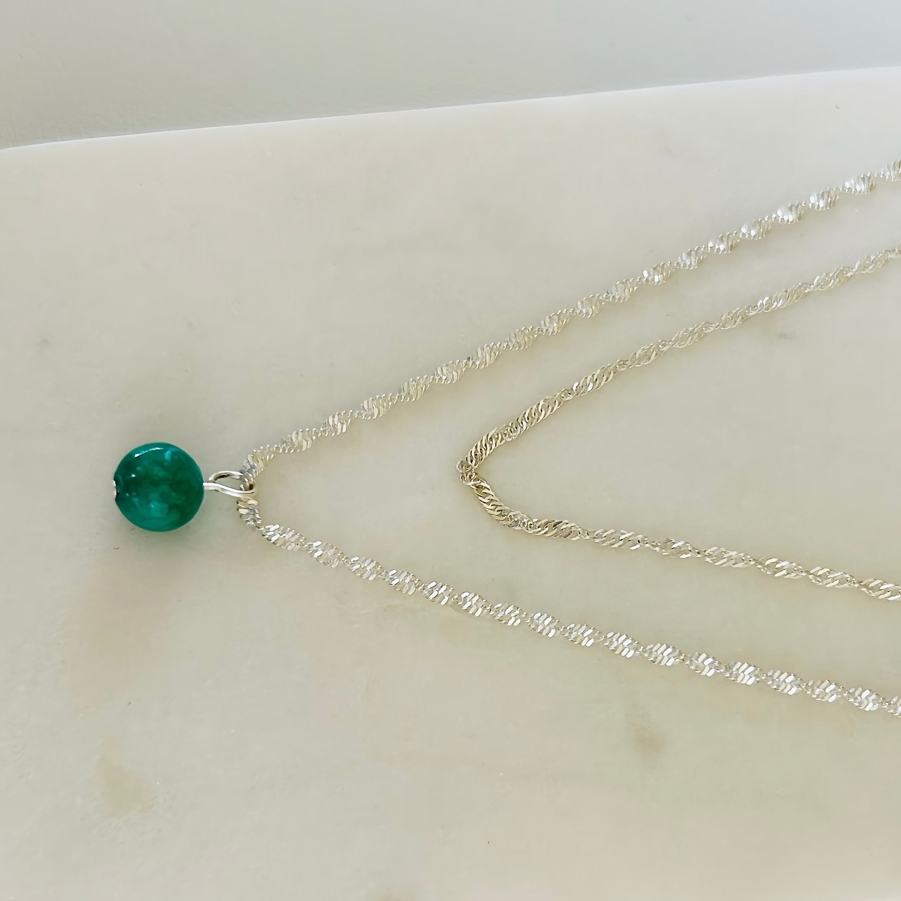 Double Layered Natural Stone Pendant Necklace With Faceted Gemstone on Silver Plated Chain