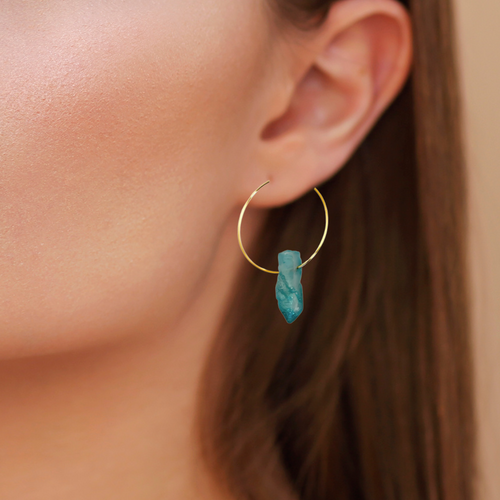 Blue Titanium Coated Quartz Hoop Earrings With Natural Crystal and Gold Plated Finish