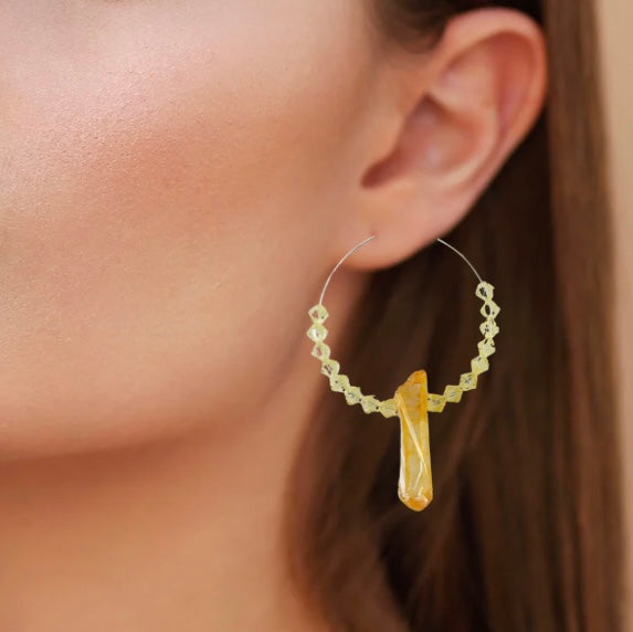 Boho Hoop Earrings With Titanium Coated Quartz Crystal Beads