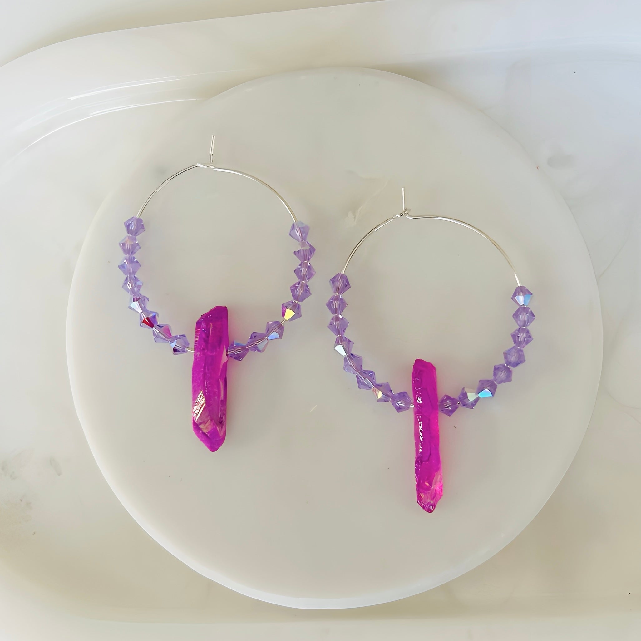 Beaded Dangle Purple Quartz Hoop Earrings With Lavender Beads and Silver Plated Hoops